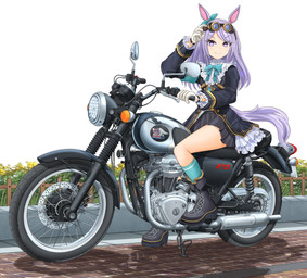black_boots black_bottomwear black_clothing black_coat black_footwear black_skirt black_topwear blue_bow_tie blue_clothing blue_footwear blue_socks boots bottomwear bow_tie clothing coat ear_ribbon eyewear eyewear_on_head female footwear gloves goggles goggles_on_head hair handwear long_sleeves looking_at_viewer motorcycle on_motorcycle pleated_skirt purple_eyes purple_hair purple_tail shoes skirt smile socks solo tail topwear vehicle white_clothing white_gloves white_handwear mikelan125r cygames meguro_manufacturing uma_musume_pretty_derby mejiro_mcqueen_(pretty_derby) animal_humanoid equid equid_humanoid equine equine_humanoid horse_humanoid humanoid mammal mammal_humanoid hi_res