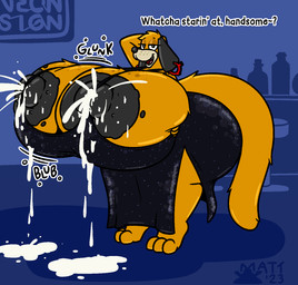 anthro areola bedroom_eyes big_breasts big_butt black_areola black_nipples bodily_fluids breasts butt clothing dialogue dress ear_piercing female floppy_ears freckles huge_breasts huge_butt huge_hips huge_thighs hyper hyper_breasts hyper_butt ineffective_clothing lactating looking_at_viewer milk narrowed_eyes nipple_slip nipples onomatopoeia open_mouth orange_body piercing question_mark seductive solo sound_effects text thick_thighs wide_hips mattthetooncat duck_hunt nintendo duck_hunt_dog canid canine canis domestic_dog mammal english_text hi_res