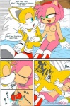 amy_rose anthro breasts canid canine comic dialogue duo english_text eulipotyphlan female fox genitals hedgehog karate_akabon kiss_on_lips kissing licking male male/female mammal miles_prower nipples nude on_top pink_body pussy sega sonic_the_hedgehog_(series) text tongue tongue_out