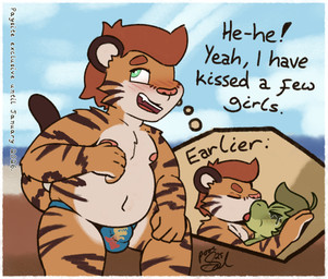 anthro bikini_thong blush bodily_fluids bulge clothing crying duo forced forced_kiss kissing male male/male overweight swimwear tears young poorsal devendra_(poorsal) james_salamandre amphibian felid mammal pantherine salamander tiger signature