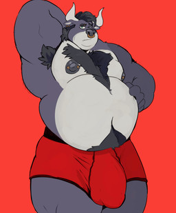 anthro armpit_hair barbell_piercing belly belly_overhang big_belly big_bulge body_hair boxer_briefs bulge chest_hair clothed clothing detailed_bulge ear_piercing eyebrow_piercing facial_piercing hand_behind_head hand_on_belly happy_trail horn huge_bulge looking_at_viewer male musclegut muscular muscular_arms muscular_legs navel nipple_piercing nipples nose_piercing nose_ring pecs piercing ring_piercing septum_piercing septum_ring simple_background solo standing underwear underwear_only tcw bovid bovine cattle mammal hi_res