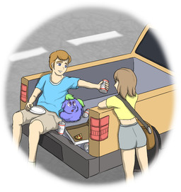 ambiguous_feral ambiguous_gender black_eyes blue_clothing blue_shirt blue_topwear bottomwear brown_bag brown_eyebrows brown_eyes brown_hair can canned_drink car clothing container crop_top dish eye_contact eyebrows female female_human feral food fur green_hair green_tail grey_bottomwear grey_clothing grey_pants group hair holding_beer holding_can holding_container holding_object human_focus light_body light_skin looking_at_another male male_human outside pants pizza purple_body purple_eyes purple_fur rear_view road shirt shoulder_bag sitting tail topwear trio vehicle yellow_clothing yellow_crop_top yellow_shirt yellow_topwear carpdime fluffy_pony blueberry_(fluffy_pony) fluffy_pony_(species) human mammal digital_media_(artwork) shaded story story_in_description