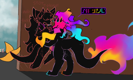 4_arms anthro black_body blood bodily_fluids claw_marks colored_fire colored_outline dialogue duo female fire flaming_head flaming_tail forced genitals gradient_penis hair halo holding_up_other_character horn language_barrier long_hair male male/female multi_arm multi_limb orange_penis penetration penis pinned pinned_to_wall profanity public public_sex purple_penis rape sex tail text vaginal vaginal_penetration ve3_(artist) mythology kaydelas dragon mythological_creature mythological_scalie scalie unknown_species 5:3 absurd_res character_request english_text hi_res