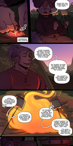 anthro big_breasts biped bottomwear braided_hair breasts brown_hair campfire candy clothed clothing dessert detailed_background dialogue duo eyelashes female fingers food hair male marshmallow outside pupils smile text topwear white_body nimzy noms_(nimzy) tobi_(nimzy) cricetid felid hamster hybrid liger mammal pantherine rodent absurd_res comic english_text hi_res