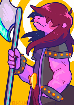 5_fingers abstract_background axe belt biceps blush bottomwear breasts clothed clothing female fingers freckles fully_clothed hair hair_over_eyes holding_object holding_weapon jacket lipstick makeup melee_weapon muscular muscular_female non-mammal_breasts pants pink_body pink_scales purple_hair scales shirt side_view simple_background smile solo spikes teeth tomboy topwear weapon white_background yellow_background bunchum deltarune undertale_(series) susie_(deltarune) monster reptile scalie 2018 absurd_res digital_media_(artwork) hi_res portrait signature three-quarter_portrait