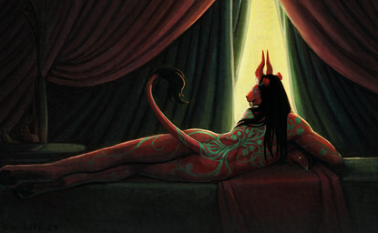 anthro black_hair blue_eyes curtains hair horn long_hair male nude ornament rear_view red_body solo tail cu_sith_(artist) felid lion mammal pantherine digital_media_(artwork) hi_res