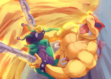 abdominal_bulge abs anthro bald biceps bound chain chained clothing duo eyewear fangs genitals hat headgear headwear male male/male male_penetrating nipple_piercing nipples open_mouth pecs penetration penis piercing sex shell spiked_penis spikes spikes_(anatomy) sunglasses teeth tongue nintenfan64 mario_bros nintendo koopaling roy_koopa alien koopa scalie
