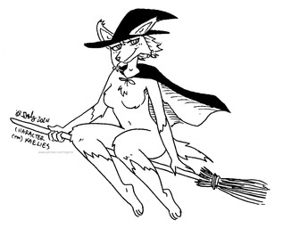 anthro breasts broom broom_riding cape cleaning_tool clothing featureless_breasts female fur gloves_(marking) hair hat headgear headwear leg_markings markings navel nude nude_female socks_(marking) solo tail tegerio kaelies_(character) felid feline lynx mammal 2024 monochrome