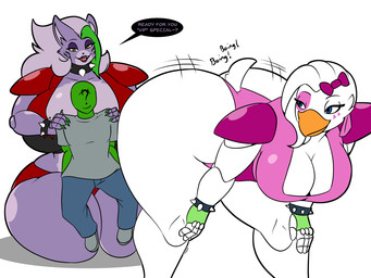 anthro bent_over big_breasts big_butt breasts butt cleavage clothed clothing curvy_figure female group huge_breasts huge_butt larger_female male size_difference smaller_male thick_thighs trio voluptuous wide_hips lunisnightwind five_nights_at_freddy's five_nights_at_freddy's:_security_breach scottgames steel_wool_studios anon glamrock_chica roxanne_wolf avian bird canid canine canis human mammal wolf 4:3