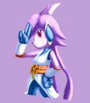 2016 anthro aquatic_dragon breasts clothed clothing dragon fangs female freedom_planet galaxytrail gloves goshaag grin hair handwear hybrid looking_at_viewer mammal marine mythological_creature mythological_scalie mythology non-mammal_breasts purple_background purple_eyes purple_hair sash_lilac scalie simple_background smile solo teeth