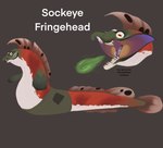 ambiguous_gender belly clothing feral fin green_body green_scales open_mouth patch_(fabric) red_body red_eyes red_scales scales sharp_teeth solo spitting tail tail_fin teeth white_belly alm0nd spicydrag0n nintendo splatoon fish hybrid marine salmonid_(splatoon) hi_res