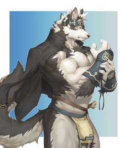 accessory anthro biceps big_muscles black_body black_clothing black_fur black_jacket black_topwear blue_background blue_bottomwear blue_clothing blue_loincloth border bottomwear bulge chest_tuft clothing countershade_arms countershade_face countershade_fur countershade_legs countershade_neck countershade_tail countershade_torso countershading fur furrowed_eyebrows headband jacket loincloth looking_aside male mouth_closed multicolored_body multicolored_fur muscular muscular_anthro muscular_male obliques pecs pupils side_view simple_background slit_pupils snout solo tail tan_bottomwear tan_clothing tan_loincloth topwear tuft two_tone_body two_tone_fur white_body white_border white_countershading white_sclera wrist_guards yellow_pupils captainjohkid canid mammal 2024 digital_drawing_(artwork) digital_media_(artwork) hi_res portrait three-quarter_portrait