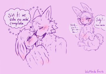 anthro blush blush_lines bodily_fluids body_blush breast_blush breasts crying duo ear_blush emotional featureless_breasts female feral kiss_on_lips kissing licking male romantic romantic_couple simple_background speech_bubble tears text tongue tongue_out wafflesita_(artist) disney zootopia judy_hopps nick_wilde canid canine european_rabbit fox lagomorph leporid mammal oryctolagus rabbit red_fox true_fox digital_drawing_(artwork) digital_media_(artwork) hi_res spanish_text translated