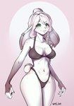 anthro belly big_ears bottomwear braided_hair breasts clothing ear_piercing ear_ring female fingers green_eyes hair highleg highleg_bottomwear navel piercing pink_hair pose ring_piercing simple_background smile solo topwear wide_hips welive lagomorph leporid mammal rabbit hi_res pinup