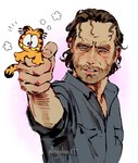 anthro brown_hair carrying_another duo hair male male_anthro male_human simple_background size_difference smaller_anthro smaller_male white_background p0nyplanet garfield_(series) the_walking_dead garfield_the_cat rick_grimes domestic_cat felid feline felis human mammal crossover digital_drawing_(artwork) digital_media_(artwork) hi_res watermark
