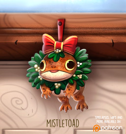 ambiguous_gender blep bow_(feature) door feral holidays humor kissing_bough mistletoe plant pun solo tongue tongue_out visual_pun yellow_eyes piper_thibodeau christmas amphibian frog toad_(frog) digital_media_(artwork) digital_painting_(artwork) painting_(artwork)