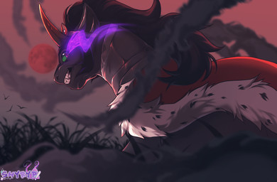 bared_teeth black_body black_fur black_hair black_mane cape cloak clothing crown curved_horn dramatic_lighting feral fur fur_trim grass green_eyes grey_body grey_fur hair headgear horn long_hair looking_away magic male mane moon outside plant purple_magic quadruped red_cap red_horn red_moon red_sky sharp_teeth side_view silhouette sky smoke snarling solo teeth shyryp friendship_is_magic hasbro my_little_pony mythology king_sombra_(mlp) avian bird equid equine mammal mythological_creature mythological_equine unicorn absurd_res digital_media_(artwork) hi_res signature