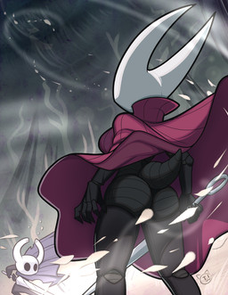 2_horns ambiguous_gender anthro biped black_body black_eyes bottomless butt cape clothed clothing convenient_censorship duo female holding_object holding_weapon horn logo rear_view weapon white_body wind conditional_dnp teckworks hollow_knight_(franchise) team_cherry hornet_(hollow_knight) the_knight_(hollow_knight) arthropod vessel_(species) 2023 artist_logo colored digital_media_(artwork) sibling_(lore)