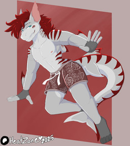 anthro areola athletic athletic_anthro athletic_male big_bulge bulge clothed clothing fin looking_at_viewer male male_anthro nipples non-mammal_nipples shark_tail sharp_teeth smile smiling_at_viewer snout solo stripes swimming_trunks swimwear swimwear_only tail teeth thick_tail topless topless_anthro topless_male heatzone angel_(bloodshotgemini) aquatic fish shark hi_res