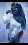 anthro black_bars blue_body blue_fur blue_hair clothed clothing fur hair horn male orange_eyes solo standing juliathedragoncat lux_the_rabbit hybrid lagomorph leporid mammal rabbit digital_media_(artwork)