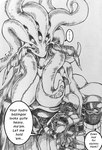 big_breasts breasts clothed clothing female male multi_eye pseudo_hair question_mark size_difference speech_bubble tentacle_hair tentacles text topless artofjiji eldritch_being human mammal english_text monochrome