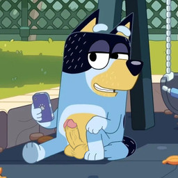 anthro balls electronics erection genitals glans holding_object holding_phone looking_at_viewer male penis phone pink_glans sitting solo camp14 third-party_edit bluey_(series) bandit_heeler canid canine canis domestic_dog mammal screencap_edit