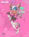 5_fingers anthro armwear bare_shoulders boots breasts chaos_emerald cleavage clothed clothing elbow_gloves eyeshadow female fingers footwear fur gem gloves handwear high_heeled_boots high_heels inner_ear_fluff lipstick makeup shoes smile solo tan_body tan_skin text tuft white_body white_fur wings iron_pinky sega sonic_the_hedgehog_(series) rouge_the_bat bat mammal english_text signature url