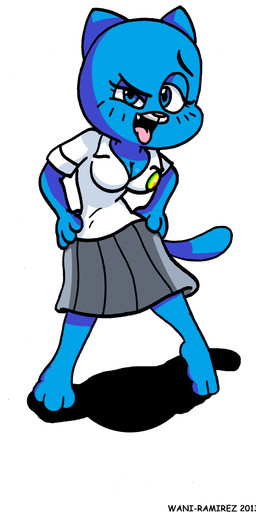 anthro bedroom_eyes blue_body blue_eyes blue_fur bottomwear clothed clothing eyebrows female fur half-closed_eyes hands_on_hips looking_at_viewer mature_anthro mature_female narrowed_eyes naughty_face open_mouth raised_eyebrow seductive simple_background skirt solo tongue tongue_out whiskers wide_stance waniramirez cartoon_network the_amazing_world_of_gumball nicole_watterson domestic_cat felid feline felis mammal 2013 aliasing digital_media_(artwork) hi_res