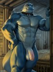 2021 abs anthro balls bed biceps blue_body blue_scales chunie collar collar_only detailed_background digital_media_(artwork) digital_painting_(artwork) flaccid foreskin furniture genitals hand_on_hip hi_res humanoid_genitalia humanoid_penis lizard looking_at_viewer male muscular muscular_anthro muscular_male nude obliques partially_retracted_foreskin pecs penis reptile scales scalie solo standing
