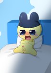 anthro anus balls bed blue_eyes blush foreskin furniture genitals humanoid_genitalia humanoid_penis male on_bed open_mouth penis pillow solo spread_legs spreading yellow_body young 0227 tamagotchi mametchi absurd_res hi_res