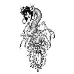 ambiguous_gender black_hair bodily_fluids body_horror eyelashes hair looking_at_viewer nightmare_fuel open_mouth sharp_teeth simple_background smile solo teeth tongue unusual_anatomy white_background alunka arthropod humanoid monster 1:1 digital_media_(artwork) greyscale monochrome