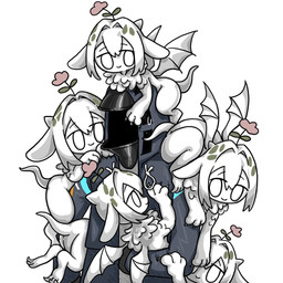 ambiguous_gender armor bodily_fluids butt carrying_another clothing flower_on_head group headgear helmet horn jacket male membrane_(anatomy) membranous_wings nude on_head quadruped sculpture simple_background smile statue sweat sweatdrop tail topwear white_background white_body wings rihi_ewokakune arknights hypergryph studio_montagne doctor_(arknights) questioning_statue_(arknights) animate_inanimate gargoyle human living_statue mammal 2026 digital_media_(artwork) hi_res