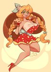 anthro braided_hair breasts cleavage clothed clothing dress female food footwear hair high_heels lips muffin shoes solo ooo-belise-ooo fio_(avencri) beaver mammal rodent hi_res