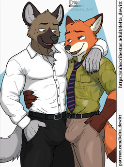 anthro blush clothed clothing duo female fur male male/male simple_background smile tail topwear delta_dewitt aggretsuko disney sanrio zootopia haida_(aggretsuko) nick_wilde canid canine fox hyena mammal red_fox spotted_hyena true_fox digital_media_(artwork) hi_res