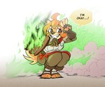 anthro armor biped burning colored_fire crouching female fire gesture green_fire hand_gesture shield solo v_sign scottyartz dog_knight_rpg maci_(ceehaz) canid canine canis domestic_dog mammal pomeranian spitz 2022 6:5 hi_res