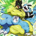 anthro armor biceps blue_body bodily_fluids claws countershading duo headgear helmet horn male muscular muscular_anthro muscular_arms muscular_male sweat wrestling yellow_body hidoritoyama bandai_namco digimon bulkmon digimon_(species) exveemon 1:1