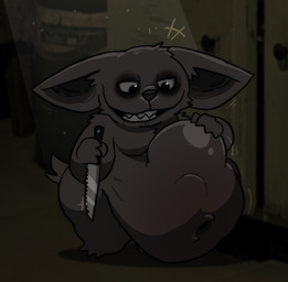 abdominal_bulge belly big_belly fully_inside fur grey_body grey_eyes grey_fur head_on_belly huge_belly knife male male_pred navel same_size_vore smile tail teeth unseen_prey vore pawplants creepypasta mr._widemouth mammal 2026