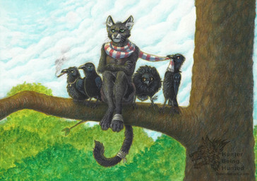 ambiguous_gender anthro bandage bandaged_foot bandaged_leg bandaged_tail black_body black_feathers black_fur bottomwear bracelet brown_eyes cigarette clothing clothing_pull cloud crossed_arms ear_piercing feathers feral fur green_eyes group inner_ear_fluff jewelry light logo looking_aside looking_at_viewer male necklace outside paws perching piercing plant scarf scarf_in_mouth sitting sky smoke smoking smoking_cigarette sunlight tail text topwear tree tuft vest whiskers yellow_eyes 0laffson hunterbeinghunted cc-by-nc-nd creative_commons cato_(0laffson) levis_(0laffson) molty_(0laffson) roudy_(0laffson) smokie_(0laffson) avian bird corvid corvus_(genus) crow domestic_cat felid feline felis mammal oscine passerine 2020 artist_collaboration artist_logo hi_res url