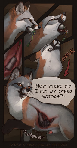 abdominal_bulge animal_genitalia animal_penis bodily_fluids canine_genitalia canine_penis claws cutaway dialogue electronics feral feral_pred fur genital_fluids genitals grey_body grey_fur hardware in_mouth inside_stomach internal knot knotted_penis male male_pred narration neck_bulge object_ingestion object_vore on_tongue onomatopoeia open_mouth oral_vore organs paws penile penis precum quadruped rumbling_stomach sheath size_difference sound_effects speech_bubble stomach stomach_acid swallowing swallowing_sound_effect talking_feral text throat tongue tools vore whisker_spots whiskers willing_prey wire x-ray_view eeeevio mjok canid canine fox grey_fox mammal urocyon colored comic digital_drawing_(artwork) digital_media_(artwork) digital_painting_(artwork) english_text hi_res painting_(artwork) shaded story