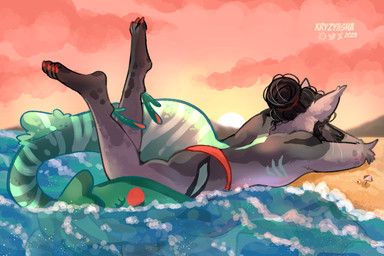 ambiguous_gender anthro beach biped butt female female_anthro fish_tail fur growth hair macro macro_anthro macro_female male pawpads paws sea simple_background solo tail water kryzyasha aquatic canid canine fish hybrid mammal colored digital_media_(artwork) hi_res