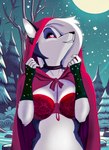 alternative_fashion anthro black_nose bra breasts cleavage cloak clothed clothing female fingerless_gloves forest fur furgonomic_headwear furgonomic_hood furgonomics gloves goth grey_body grey_fur handwear holidays hood lace lingerie moon night outside plant red_bra red_clothing red_hood red_hooded_cape red_lingerie red_sclera red_underwear solo tree underwear white_body white_eyes white_fur winter francisthefurry christmas fairy_tales helluva_boss little_red_riding_hood_(copyright) mythology little_red_riding_hood loona_(helluva_boss) canid canid_demon canine demon hellhound mammal mythological_canine mythological_creature absurd_res hi_res