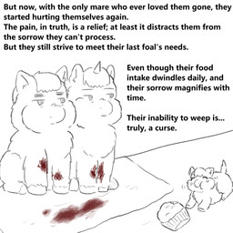 1_horn abuse abused ambiguous_feral ambiguous_gender blood bodily_fluids eating expressionless feral food group hair happy hooves horn mouth_closed muffin neonate raised_tail sitting tail text trio wounded young young_ambiguous young_feral yellowcottoncandy030 fluffy_pony fluffy_pony_(species) mammal 1:1 comic digital_media_(artwork) english_text hi_res partially_colored