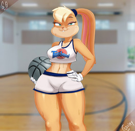 anthro ball big_breasts blonde_hair blue_eyes bodily_fluids bottomwear breasts brown_body brown_fur brown_nose buckteeth clothing eyelashes female floppy_ears front_view fur gloves hair hand_on_hip handwear head_tuft holding_ball holding_object long_ears lop_ears navel shorts solo sweat tan_body tan_fur teeth thick_thighs toony topwear tuft white_bottomwear white_clothing white_gloves white_handwear white_shorts white_topwear wide_hips souley69 looney_tunes warner_brothers lola_bunny lagomorph leporid mammal rabbit hi_res