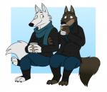 anthro beverage brown_body brown_fur claws clothed clothing coffee drinking duo fur male scarf sitting toe_claws toeless_legwear white_body white_fur skunkbutt_(artist) disney zootopia gary_(zootopia) larry_(zootopia) canid canine canis mammal wolf