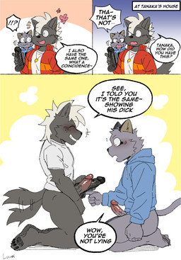 anthro blue_clothing blue_hoodie blue_topwear blush bodily_fluids bottomless clothed clothing comparing comparing_penis dialogue dildo duo erection eyes_closed flower fur genitals grey_body grey_fur hoodie humanoid_dildo humanoid_genitalia humanoid_penis jacket jewelry male male/male necklace penis plant red_clothing red_jacket red_topwear sex_toy shirt simple_background smile speech_bubble sweat t-shirt tail tail_motion tailwag text topwear white_clothing white_shirt white_t-shirt white_topwear luwei_(artist) odd_taxi hajime_tanaka_(odd_taxi) shun_imai_(odd_taxi) cougar felid feline mammal mephitid skunk comic english_text hi_res
