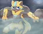 ambiguous_gender anthro bathing blue_eyes fur hair half_submerged long_hair looking_at_viewer multicolored_body open_mouth rock sitting sitting_in_water solo steam water yellow_body yellow_fur laru120 nintendo pokemon generation_7_pokemon legendary_pokemon pokemon_(species) zeraora shaded