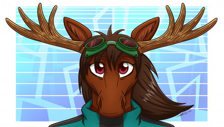antlers border brown_antlers brown_body brown_fur brown_hair brown_inner_ear_fluff clothed clothing eyewear female fur goggles hair horn inner_ear_fluff jacket red_eyes solo topwear tuft white_border s7v8 deer mammal moose new_world_deer portrait widescreen