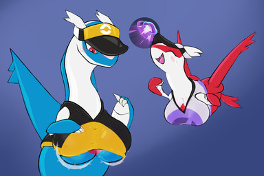 big_breasts blue_body blush bottomless breast_growth breasts busty_feral cleavage clothed clothing duo eyes_closed female feral flying gameplay_mechanics growth happy hat headgear headwear holowear_(pokemon) mismatched_sexual_dimorphism open_mouth open_smile red_body red_eyes shirt simple_background smile topwear under_boob visor_cap white_body pinnipip mythology nintendo pokemon pokemon_unite dragon generation_3_pokemon latias latios legendary_pokemon mythological_creature mythological_scalie pokemon_(species) scalie 3:2 busty_boy_(lore)