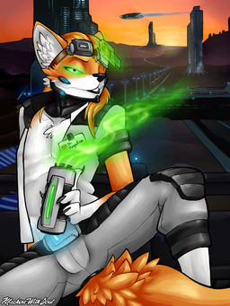 anthro arm_support biped black_nose blonde_hair bottomwear claws clothed clothing countershade_face countershade_torso countershading cybernetics futuristic gloves_(marking) green_eyes grey_bottomwear grey_clothing grey_jacket grey_pants grey_topwear hair half-closed_eyes holding_object id_card jacket leg_markings looking_at_viewer machine male markings multicolored_body name_tag narrowed_eyes open_clothing open_jacket open_topwear outside pants pose sitting socks_(marking) solo spread_legs spreading sun sunset text topwear two_tone_body white_body white_markings yellow_body machinewithsoul canid canine cyborg fox mammal 2019 3:4 alternate_version_at_source english_text hi_res