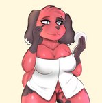 anthro applying_makeup breasts compact ear_piercing female genitals jewelry makeup personal_grooming piercing pussy simple_background slightly_chubby solo towel towel_wrap frostyphox animal_crossing nintendo cherry_(animal_crossing) canid canine canis domestic_dog mammal